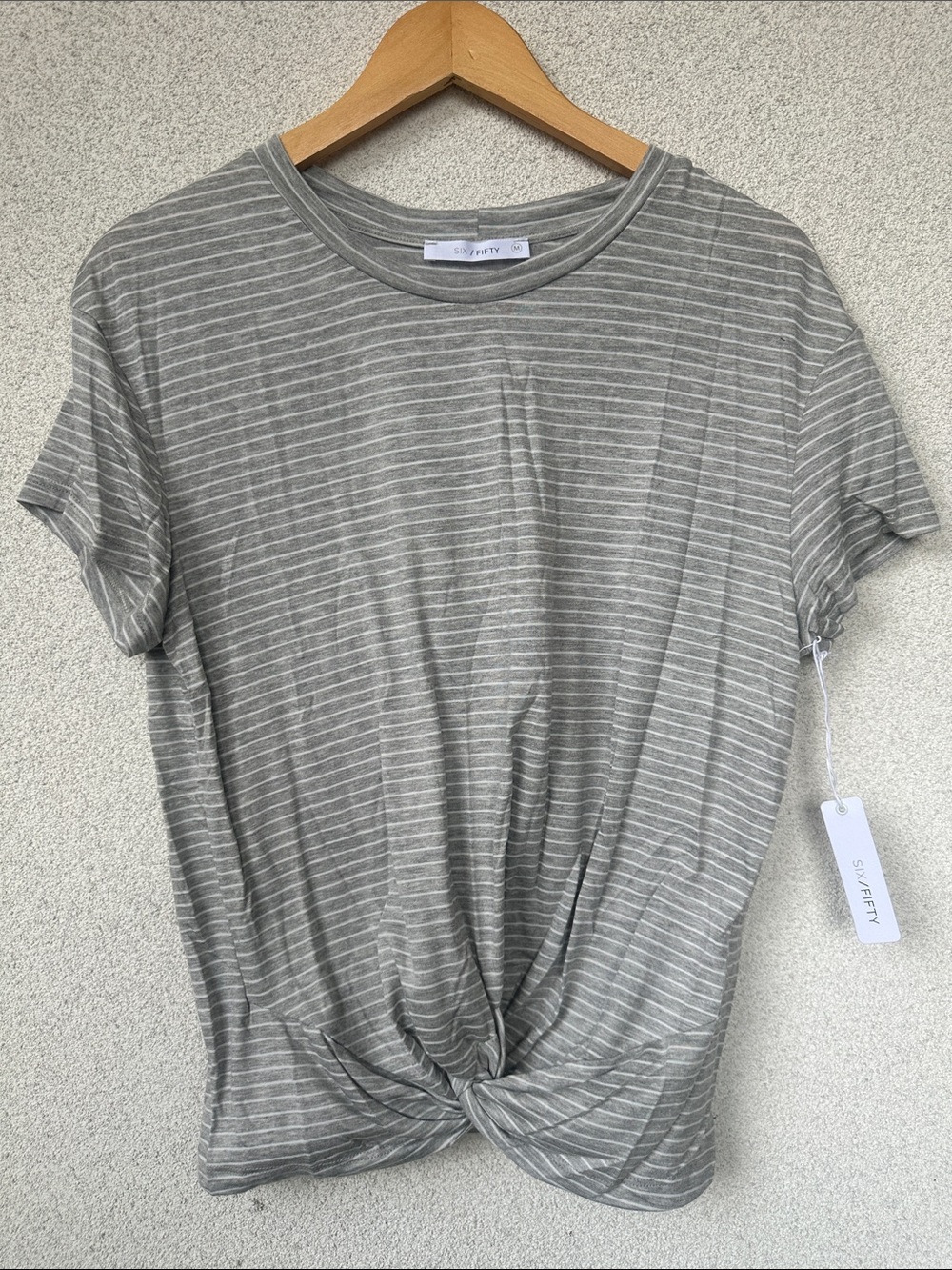 Six/Fifty Gray Stripe Twist Hem Tee | Short Sleeve | Knot Front Detail | NWT | M